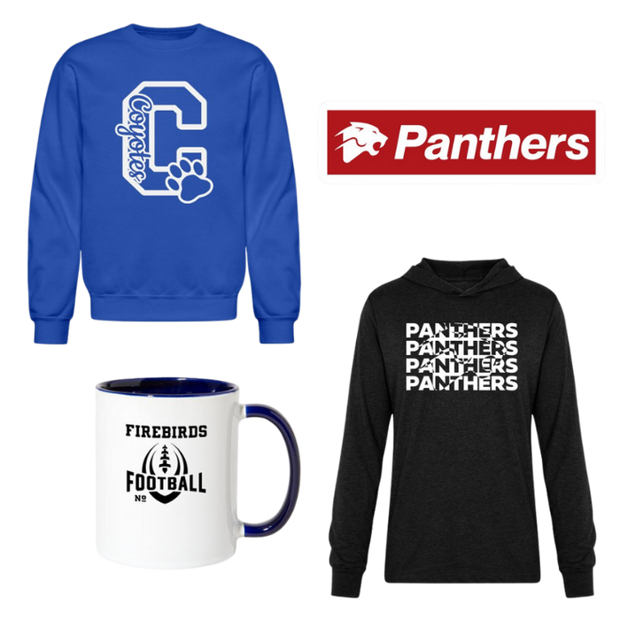 custom school apparel options like sweatshirt, hoodie, mug, and stick